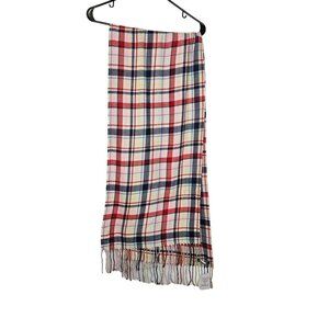 Lands End Plaid Oblong Scarf One Size Black Beige Heritage Plaid‎ Fringe Red Tan